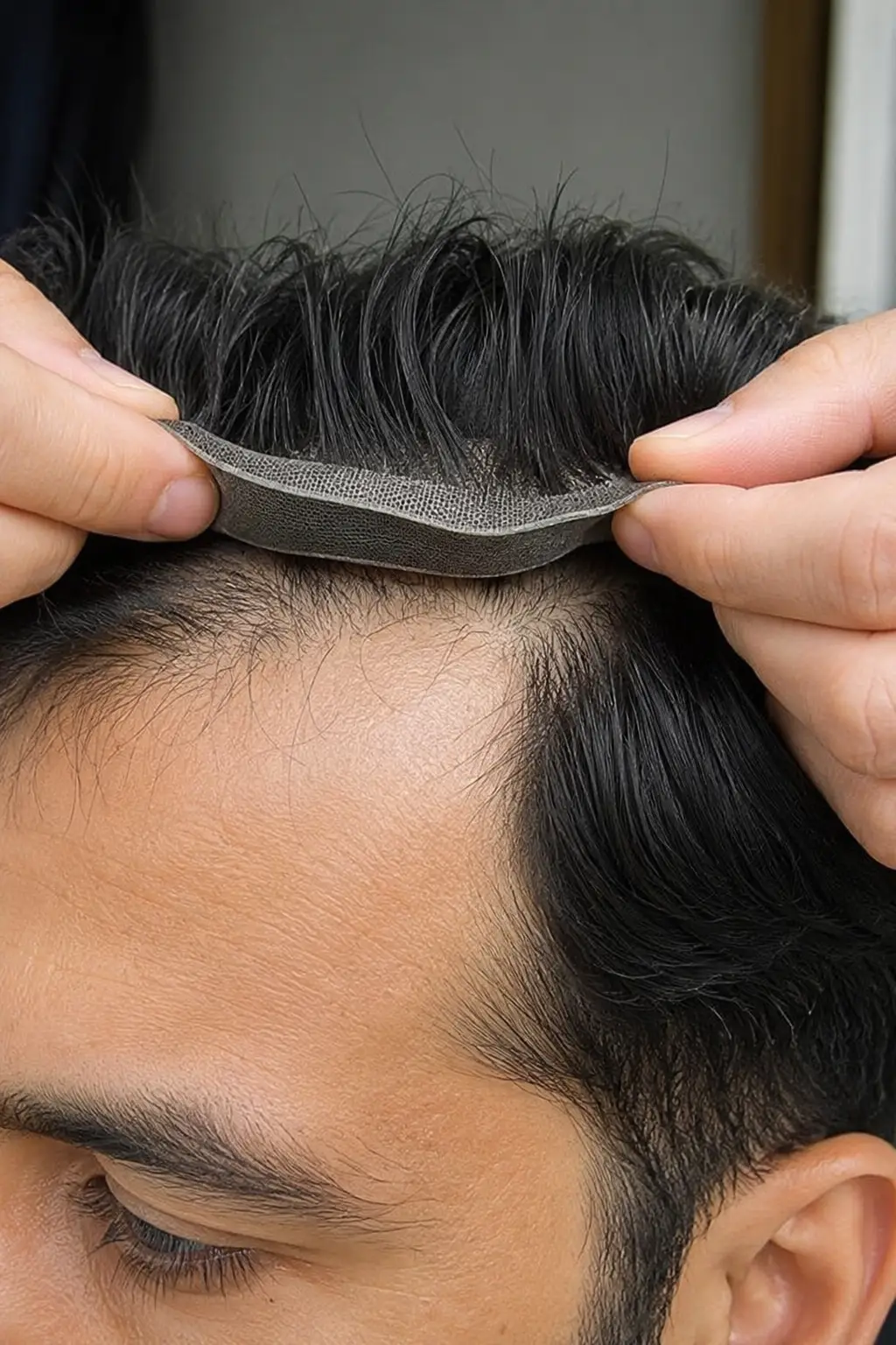 close-up of realistic hair patch installation